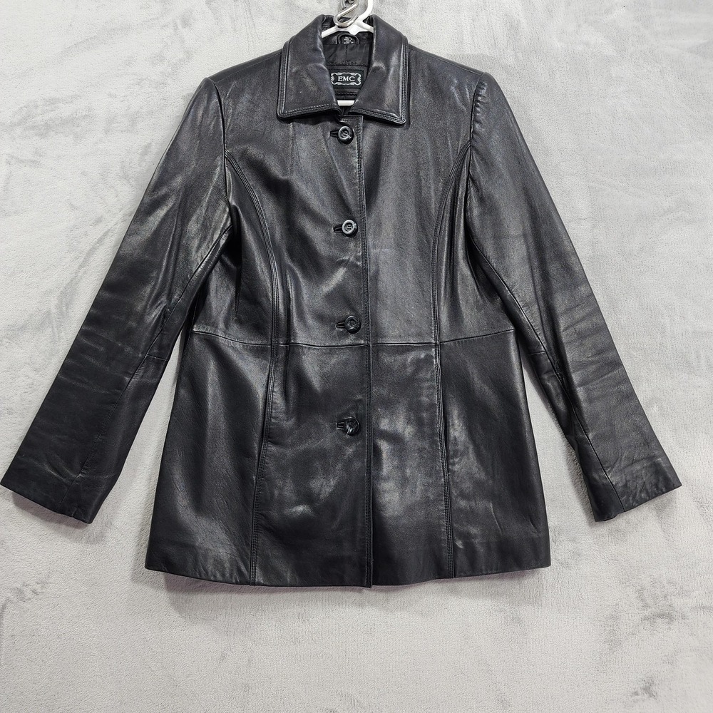 Vintage EMC Coat Womens M Black Leather Button Front Mid Length Lined Overcoat